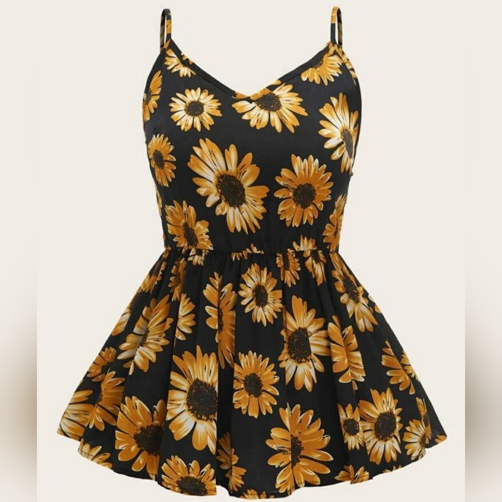 Sunflower print ruffle hem cami top
